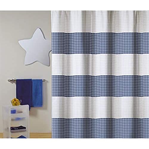 Cotexsa by MSV Premium Anti-Schimmel Textil Duschvorhang - Anti-Bakteriell, waschbar, 100% wasserdicht, mit 12 Duschvorhangringen - Polyester, „Quadro“ Weiß Blau 180x200cm – Made in Spain von MSV