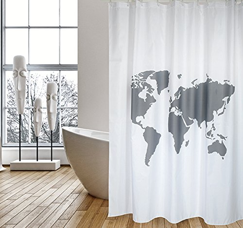 MSV Cotexsa by Premium Anti-Schimmel Textil Duschvorhang - Anti-Bakteriell, waschbar, 100% wasserdicht, mit 12 Duschvorhangringen - Polyester, „Welt“ Weiß 180x200cm – Made in Spain von MSV