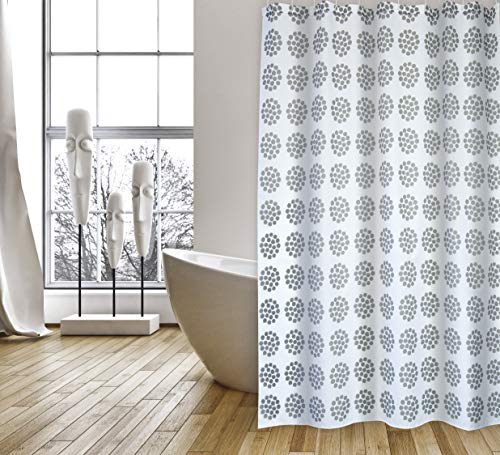 Cotexsa by MSV Premium Anti-Schimmel Textil Duschvorhang - Anti-Bakteriell mit 12 Duschvorhang-Ringen - Polyester, „Begonia“ Weiß/Schwarz 180x200cm – Made in Spain von MSV