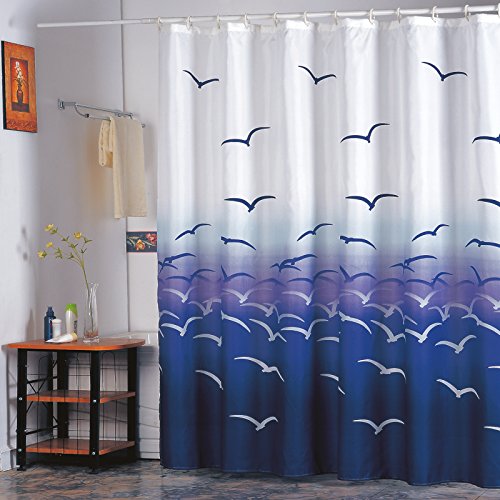 MSV Anti-Schimmel Duschvorhang - Anti-Bakteriell, waschbar, wasserdicht, mit 12 Duschvorhangringen - Polyester, „Möwe“ 180x200cm von MSV