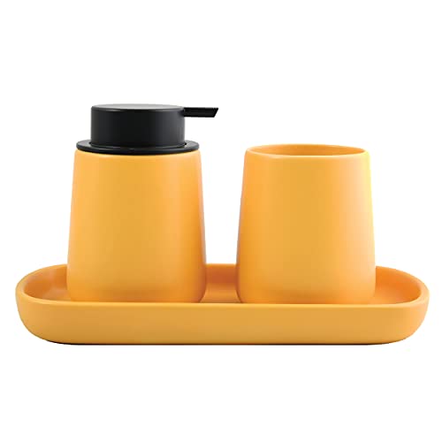 MSV Badezimmer Set, 3-teiliges Badzubehör aus Keramik Maonie Seifenspender, Badablage für Schmuck und Zahnputzbecher Safran Gelb von MSV