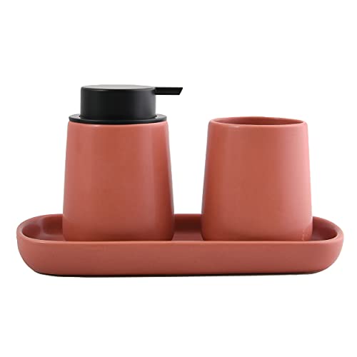 MSV Badezimmer Set, 3-teiliges Badzubehör aus Keramik Maonie Seifenspender, Badablage für Schmuck und Zahnputzbecher Terracotta Rot von MSV