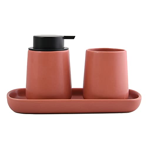 MSV Badezimmer Set, 3-teiliges Badzubehör aus Keramik Maonie Seifenspender, Badablage für Schmuck und Zahnputzbecher Terracotta Rot MSV Badezimmer Set, 3-teiliges Badzubehör aus Keramik Maonie Seifenspender, Badablage für Schmuck und Zahnputzbecher Terracotta Rot von MSV