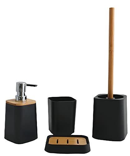 MSV Badezimmer Set, 4-teiliges Badzubehör aus Kunststoff Kamla Seifenspender, WC Bürste, Seifenschale und Zahnputzbecher matt Schwarz Bambus von MSV