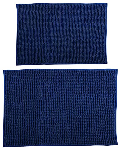 MSV Badteppich 2er Set Badvorleger Duschvorleger Chenille Hochflor Badematte 40x60 cm + 60 x 90 cm – Dunkelblau von MSV