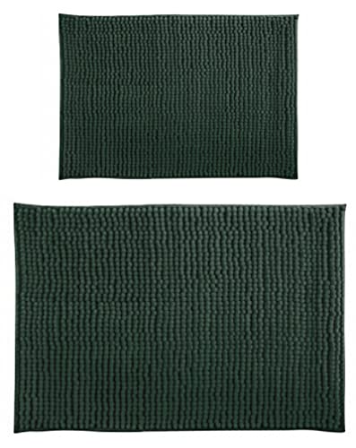 MSV Badteppich 2er Set Badvorleger Duschvorleger Chenille Hochflor Badematte 40x60 cm + 60 x 90 cm – Dunkelgrün von MSV