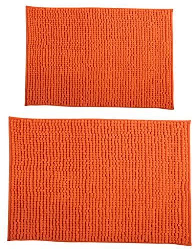 MSV Badteppich 2er Set Badvorleger Duschvorleger Chenille Hochflor Badematte 40x60 cm + 60 x 90 cm – Orange von MSV