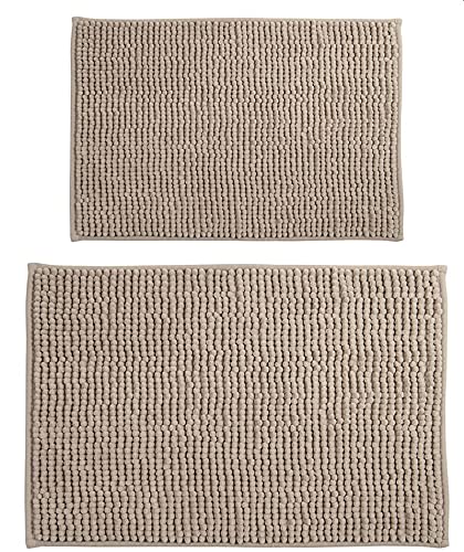 MSV Badteppich 2er Set Badvorleger Duschvorleger Chenille Hochflor Badematte 40x60 cm + 60 x 90 cm – Taupe von MSV