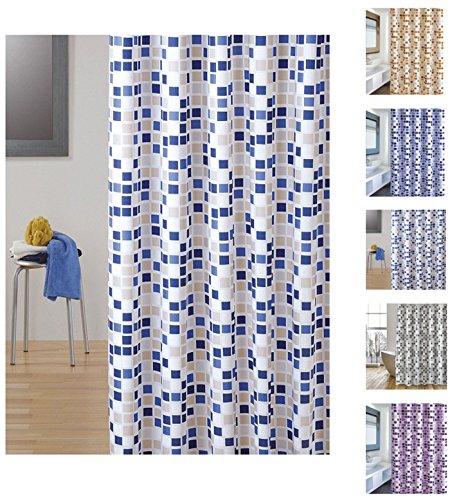MSV Cotexsa by 142100 Premium Anti-Schimmel Textil Duschvorhang - Anti-Bakteriell mit 12 Duschvorhangringen - Polyester, „Mosaik“ Blau/Beige 180x200cm – Made in Spain von MSV