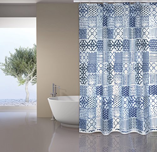 MSV Cotexsa by Premium Anti-Schimmel Textil Duschvorhang - Anti-Bakteriell, waschbar, 100% wasserdicht, mit 12 Duschvorhangringen - Polyester, „Alentejo“ Blau 180x200cm – Made in Spain von MSV