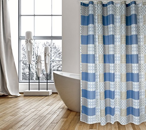 MSV Cotexsa by Premium Anti-Schimmel Textil Duschvorhang - Anti-Bakteriell, waschbar, 100% wasserdicht, mit 12 Duschvorhangringen - Polyester, „Ceramique“ blau 180x200cm – Made in Spain von MSV
