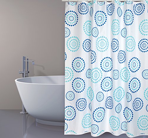 MSV Cotexsa by Premium Anti-Schimmel Textil Duschvorhang - Anti-Bakteriell, waschbar, 100% wasserdicht, mit 12 Duschvorhangringen - Polyester, „Dots“ Blau 180x200cm – Made in Spain von MSV