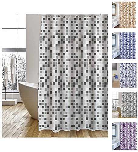 MSV Cotexsa by Premium Anti-Schimmel Textil Duschvorhang - Anti-Bakteriell, waschbar, 100% wasserdicht, mit 12 Duschvorhangringen - Polyester, „Mosaik“ Schwarz/Weiß 180x200cm – Made in Spain von MSV