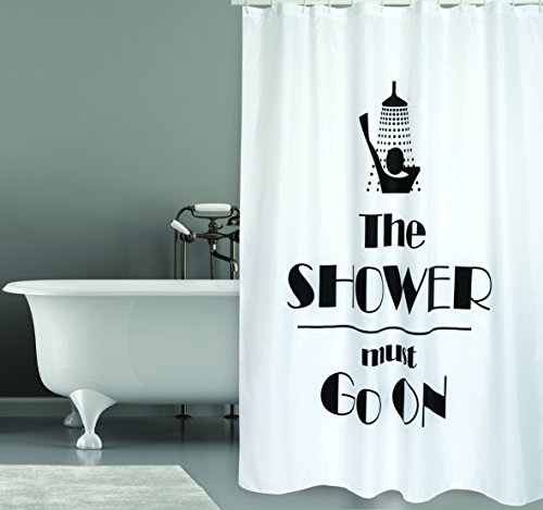 MSV Cotexsa by Premium Anti-Schimmel Textil Duschvorhang - Anti-Bakteriell, waschbar, 100% wasserdicht, mit 12 Duschvorhangringen - Polyester, „The Shower Must Go On“ weiß 180x200cm – Made in Spain von MSV