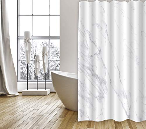 MSV Cotexsa by Premium Anti-Schimmel Textil Duschvorhang - Anti-Bakteriell, waschbar, 100% wasserdicht, mit 12 Duschvorhangringen - Polyester, „Toscana“ Marmor Weiß 180x200cm – Made in Spain von MSV