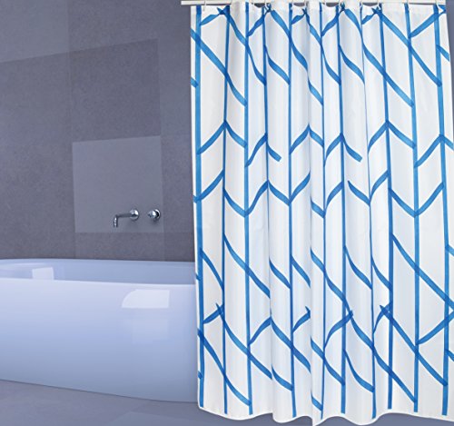 MSV Cotexsa by Premium Anti-Schimmel Textil Duschvorhang - Anti-Bakteriell, waschbar, 100% wasserdicht, mit 12 Duschvorhangringen - Polyester, „Tree“ Weiß, Blau 180x200cm – Made in Spain von MSV