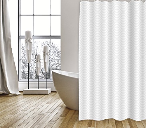 MSV Cotexsa by Premium Anti-Schimmel Textil Duschvorhang - Anti-Bakteriell, waschbar, 100% wasserdicht, mit 12 Duschvorhangringen - Polyester, „Wave“ Weiß 180x200cm – Made in Spain von MSV