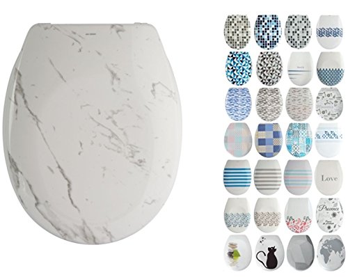 MSV Design WC Sitz, Absenkautomatik, Fast Fix/Schnellbefestigung, Befestigung mit Knopfdruck, Toilettensitz WC Deckel Klobrille "Toscana" Marmor Weiß von MSV