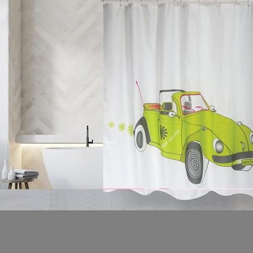 MSV Anti-Schimmel Duschvorhang - Anti-Bakteriell, waschbar, wasserdicht, mit 12 Duschvorhangringen - Polyester, „Weiß Auto “ 180x200cm von MSV