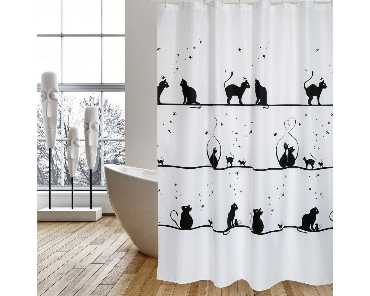 MSV Duschvorhang Cotexsa GATITOS Breite 180 cm, Textil-Duschvorhang, Made in Spain, 100% Polyester, wasserundurchlässig, Anti-Schimmel-Effekt, Anti-Bakteriell beschichtet, waschbar 30°, 180 x 200 cm, Katzen Motiv, Farbe weiß / schwarz von MSV