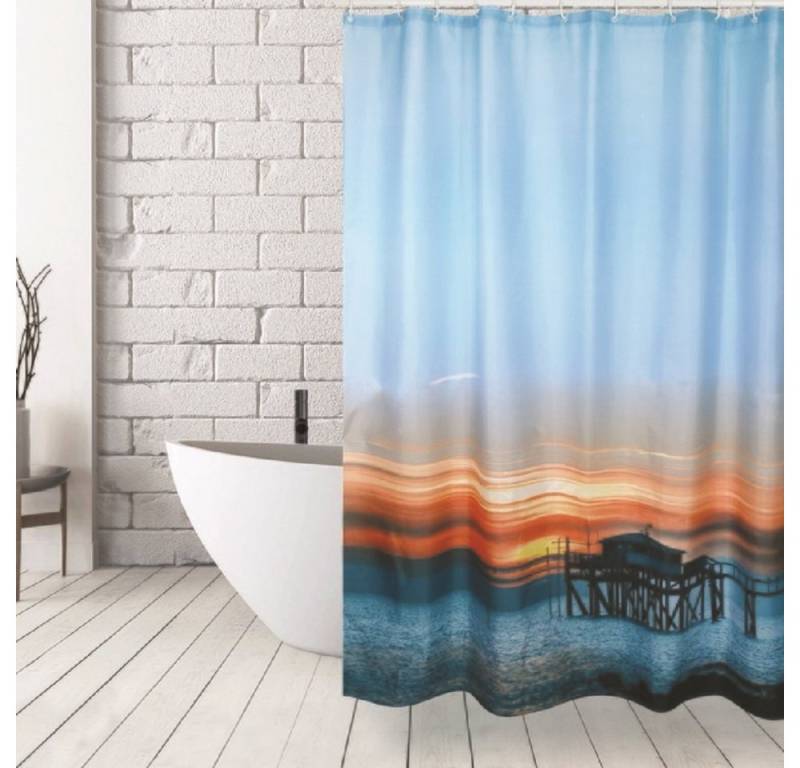 MSV Duschvorhang SUNSET Breite 180 cm, Anti-Schimmel Textil-Duschvorhang, Polyester, 180x200 cm, waschbar von MSV