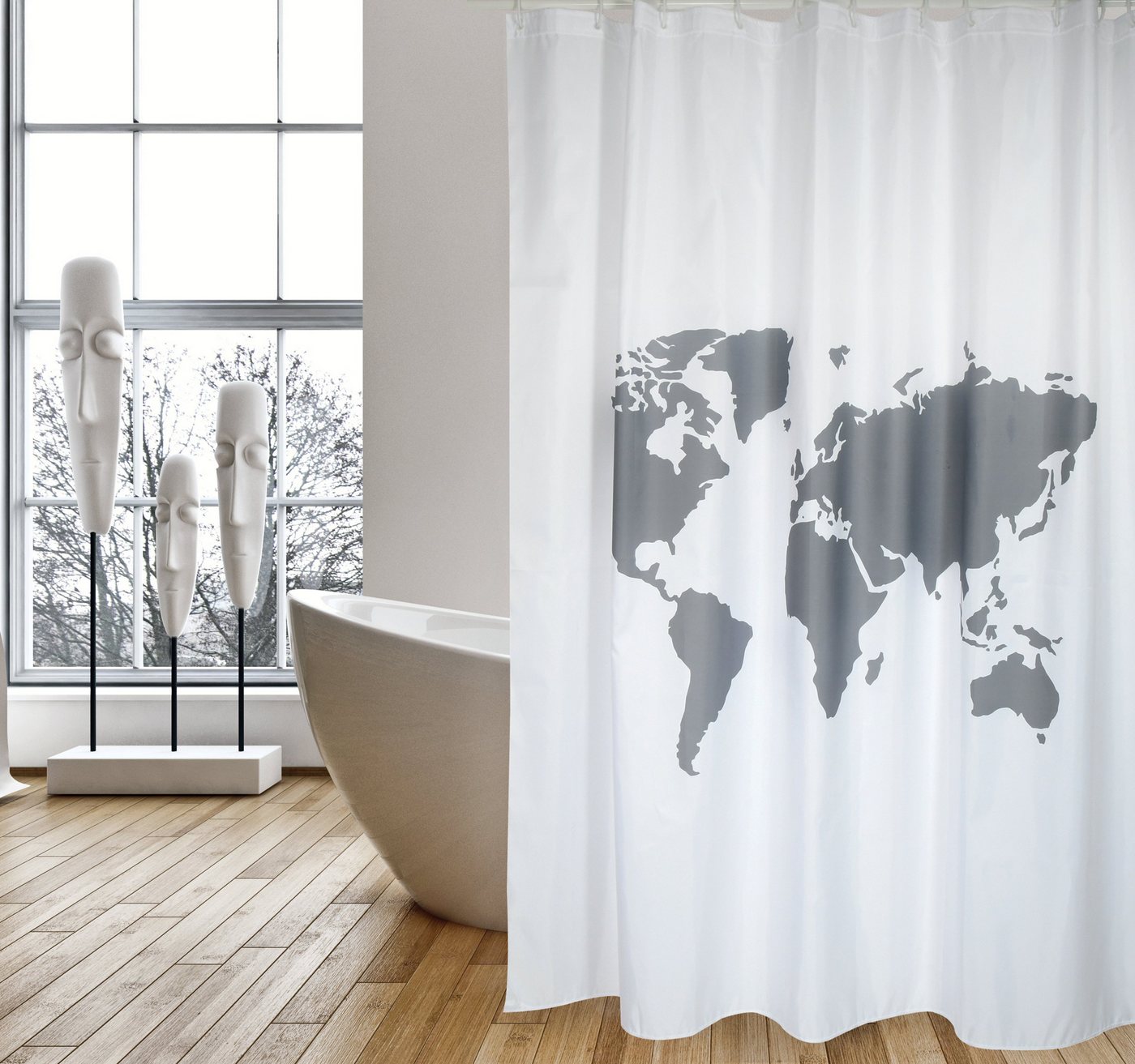MSV Duschvorhang WORLD Breite 180 cm, Premium Anti-Schimmel Textil-Duschvorhang, Polyester, 180x200 cm, waschbar, weiß-grau, Motiv "World" von MSV
