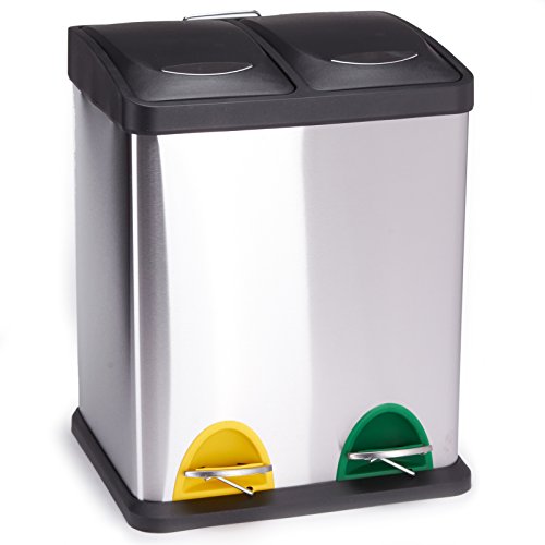 MSV Mülleimer Mülltrennsystem 16 L (2x8 Liter) mit Inneneimer große Abfallbehälter Abfalleimer Treteimer Edelstahl, Silver von MSV