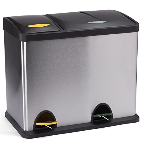 MSV Mülleimer Mülltrennsystem 26 L (8 Liter + 18 Liter) mit Inneneimer große Abfallbehälter Abfalleimer Treteimer Edelstahl, Silber/Grau von MSV