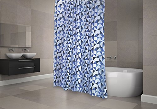 MSV Premium Anti-Schimmel Textil Duschvorhang - Anti-Bakteriell, waschbar, 100% wasserdicht, mit 12 Duschvorhangringen - Polyester, „Calula“ Blau, Weiß 180x200cm – Made in Spain von MSV