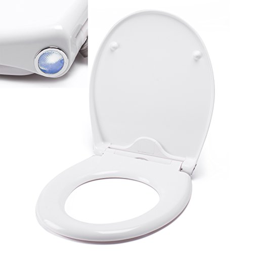 MSV WC Sitz Toilettendeckel Duroplast mit Absenkautomatik und auf Knopfdruck abnehmbar zur Reinigung in Weiß – Easy Fix Clip System - mit LED Nachtlicht von MSV