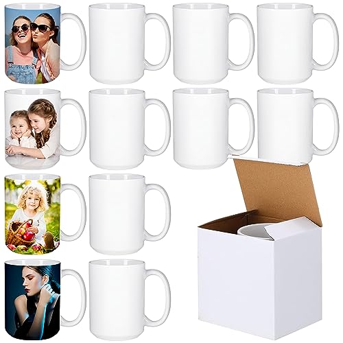 12 Stück Sublimationstassen, Sublimationskaffeetassen, blanko, 425 ml, weiße Keramik-Kaffeetassen, Trinkbecher mit Griffen für Kaffee, Cappuccino, Latte, Kakao, Milch, Espresso, Tee, DIY Tasse, von MSYU