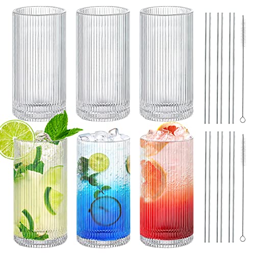 6 Stück gerippte glaswaren trinkgläser, 340ml klar kristall gläser set mit Glas Strohhalme, origami stil kristall gläser geriffelte Glaswaren für Coocktail Whiskey Saft Wasser von MSYU