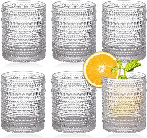 MSYU Vintage Trinkgläser-Set, 340 ml, klar, geprägt, Wassergläser, Becher, altmodische Hobnail-Becher, Glaswaren für Wasser, Whisky, Bier, Saft, Getränke, Cocktails, 6 Stück von MSYU