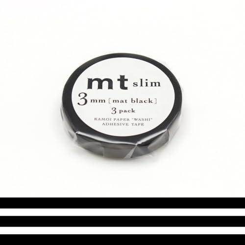 MT MASKING TAPE Slim Set mit 3 Rollen Washi-Tape, 3 mm x 7 m, einfarbig, schwarz/matt schwarz von MT Masking Tape