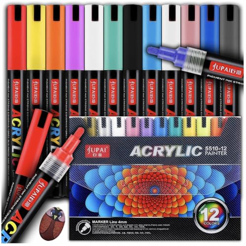 MTA JUPAI Acrylstifte für Steine Wasserfest, Farben Stifte Tip Acrylmarker, 0.4 mm Steine Bemalen Stifte Wasserfest für Glas, Holz, Keramik, Leinwand, Basteln Kinder Erwachsene (12) von MTA