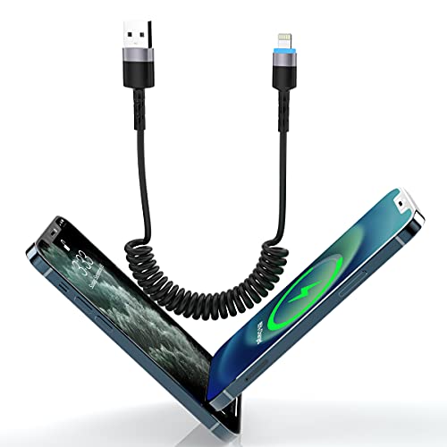 1.8m/6ft USB iPhone Spiral Lightning Ladekabel für CarPlay, Apple Schnellladekabel Sync USB-Datenfeder LED einziehbarer Ladegerät-Adapter-Anschluss für iOS/iPhone 12/11/SE/Xs/Xr/8/7/6/iPad/iPod von MTAKYI