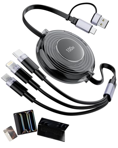 100W Multi Ladekabel, 6 in 1 Einziehbares iPhone Ladekabel mit E-Mark Chip, 100W Schnelles USB A/USB C Einziehbares Ladek abel mit Typ C/Micro USB/IP für iPhone 16/15, Samsung MacBook von MTAKYI