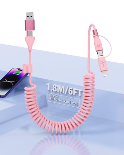 4-in-1-Spiral-Ladekabel, MFi-zertifiziert, Nylonkabel USB/USB-C auf Blitz/USB C, iPhone Schnellladekabel 60W für iPhone 16 15 14 13 12/iPad/Android/Laptop, Apple CarPlay Unterstützung 4-in-1-Spiral-Ladekabel, MFi-zertifiziert, Nylonkabel USB/USB-C auf Blitz/USB C, iPhone Schnellladekabel 60W für iPhone 16 15 14 13 12/iPad/Android/Laptop, Apple CarPlay Unterstützung von MTAKYI
