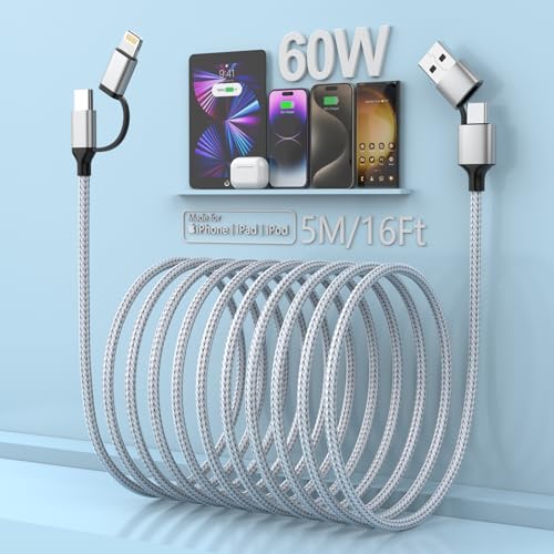 MTAKYI 4-in-1 Schnellladekabel 5M [Apple MFi Certified], 60W USB-Kabel, USB C auf Lightning/Typ C auf USB C/USB A auf Lightning Multi Ladekabel für iPhone, Android, Samsung, Huawei (60W, 5M) von MTAKYI