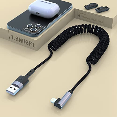 Coiled Lightning Cable, 90 Degree Nylon Braided Fast Charging Cable [Apple MFi Certified & CarPlay Compatible] 6FT Cord Data Transmission Compatible with iPhone 14/14 pro/ 14 pro max/12/11/11Pro/11Ma von MTAKYI