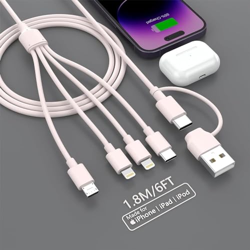 MTAKYI Multi USB Kabel, Universal Ladekabel [1.8M] Schnell 4 in 2 Mehrfach iP Micro USB Typ C Lightning Cable für iPhone, Android Galaxy, Huawei, Oneplus, Sony, LG, Honor View-Rosa von MTAKYI