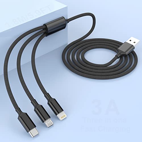 MTAKYI Multi Funktions Ladekabel iPhone, 1,8 m Nylon Geflochtenes 3 in 1 Multi USB Ladekabel, mit Lightning/Micro/USBC Anschluss, Kompatibel mit Verschiedenen Smart Phones und Tablets-Schwarz von MTAKYI