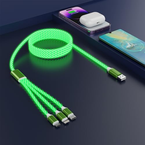 Multi-Ladekabel [MFi zertifiziert] LED Light Up iPhone Flowing Kabel 3-in-1 Ladekabel Lightning mit USB-C&Micro USB, Glühendes Lightning-Kabel für Apple iOS iPhone, Google, Android-Grün von MTAKYI