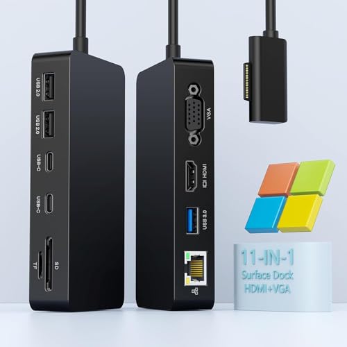 Microsoft Surface Pro Docking Station 11 in 1, Surface Dock Dual Displays 4K@60HZ HDMI+VGA, MS Card Reader für Microsoft Surface Pro 11/10/9/8/X/7/6/5/4, Surface Laptop Go/7/6/5/4/3/2/1 Surface Book von MTAKYI