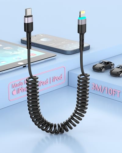 Spiralkabel USB C auf Lightning Kabel, Apple Carplay& Datensynchronisation MFi zertifiziert Kurz iPhone Ladekabel Auto für iPhone14 Pro Max/14 Pro/14/13 Pro Max/13 Pro/13/12/ 11/Xs/XR/8/iPad/AirPods von MTAKYI