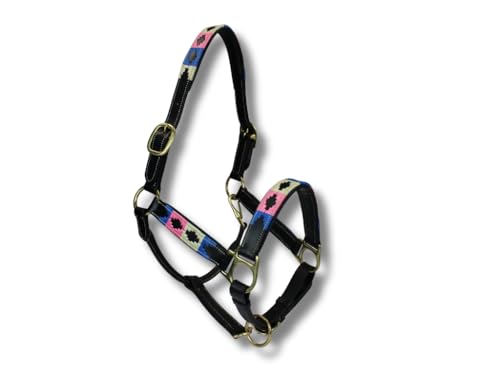 MTB Equestrian Exklusives Lederhalfter Mit Polo-Design – Beidseitig Verstellbar – Hochwertiges Leder – 10 Farbvarianten – Cob & Full (Rosa Weiß Blau, Cob) von MTB Equestrian