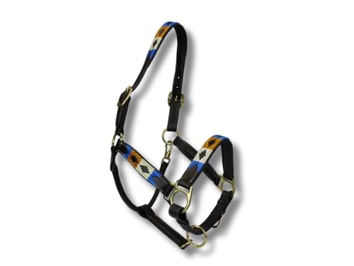 MTB Equestrian Exklusives Lederhalfter Mit Polo-Design – Beidseitig Verstellbar – Hochwertiges Leder – 10 Farbvarianten – Cob & Full (Gold Weiß Blau, Cob) von MTB Equestrian