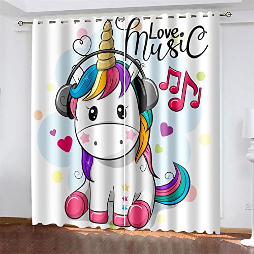 MTBDyyds Cartoons Einhörner Musik 270X245Cm 3D Blackout Vorhänge Ösen Gardinen 3D Vorhänge Blickdicht 2Er Set Thermo-Verdunklungsgardine Gardine Mit Ösen Thermogardinen Für Wohnzimmer von MTBDyyds