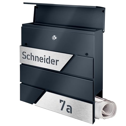 Briefkasten mit Zeitungsfach in Anthrazit, Edelstahlbriefkasten, Wandbriefkasten Briefkasten mit Schloss und Zeitungsfach - Jetzt mit Lasergravur erhältlich (Silber) von MTEC