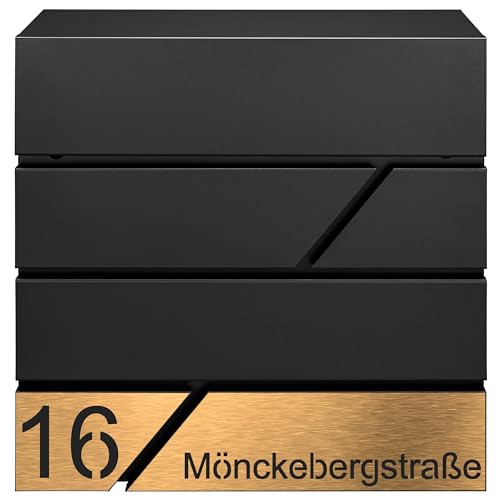 MTEC Design Schwarz Briefkasten mit Hausnummer & Ihre Namen Gravur Personalisiert, Wandbriefkasten mit Extra Zeitungsfach, Briefkasten Groß, Golden, (Gold 4) von MTEC